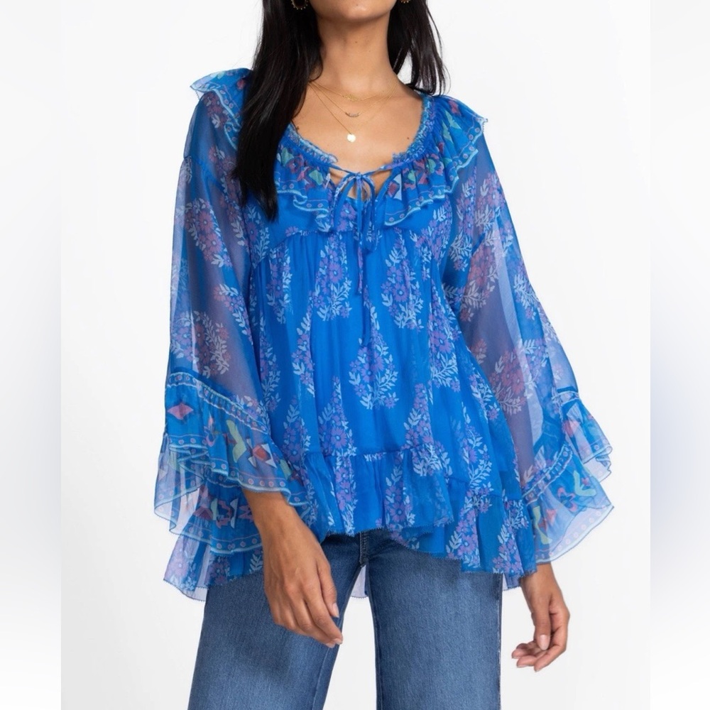 NWT! JADE by JOHNNY WAS RUFFLE
TIE Royal Blue Sheer Peasant Blouse - Size XS